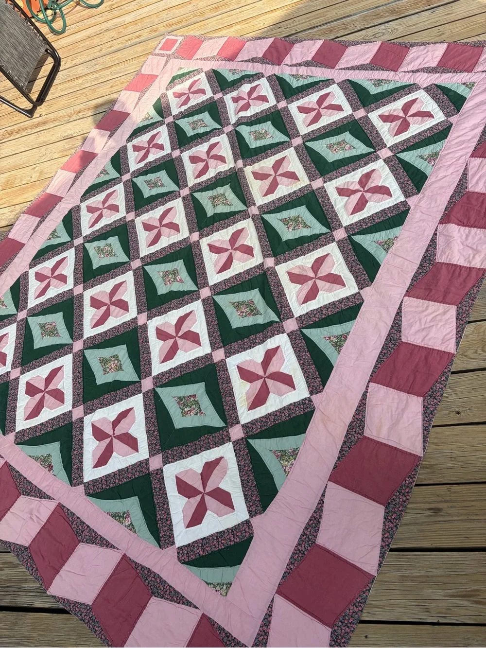 Handmade Pink and Green Patchwork Quilt - Floral Pinwheel Design VINTAGE stains